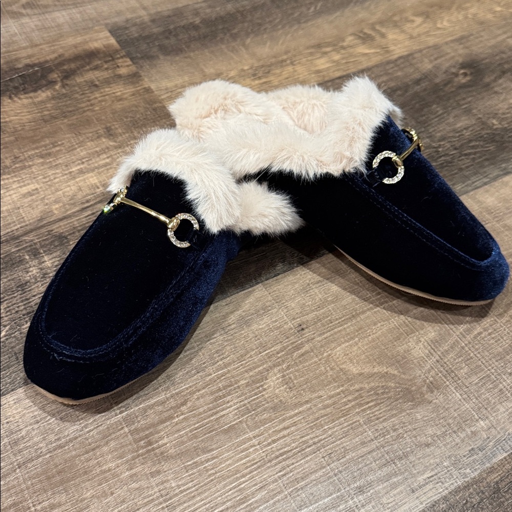 J. Crew Bit Fur Lined Slippers - Navy Size 8
